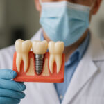 Male dentist holding a model of a dental implant, has a mask on, dental office